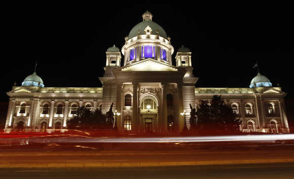 Serbian Parliament building is seen before Earth Hour in Belgrade.