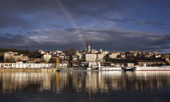 A rainbow is seen over downtown Belgrade.