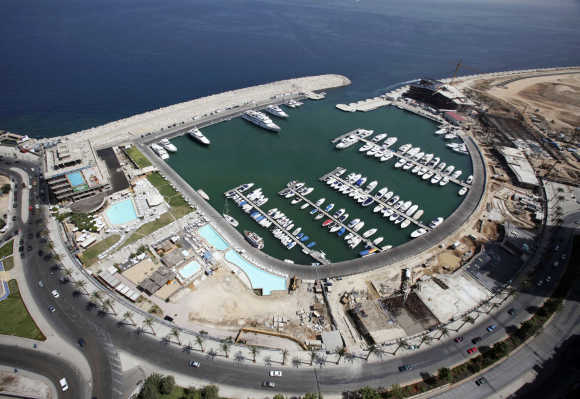 An aerial view shows Saint-George Yacht Club surrounded by construction work in Beirut.