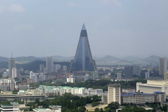 The 105-storey Ryugyong Hotel with glass panels is seen in Pyongyang.