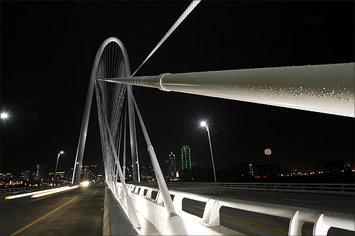 A general view of the 446-foot-high (136-meter-high) Margaret Hunt Hill Bridge in Dallas.