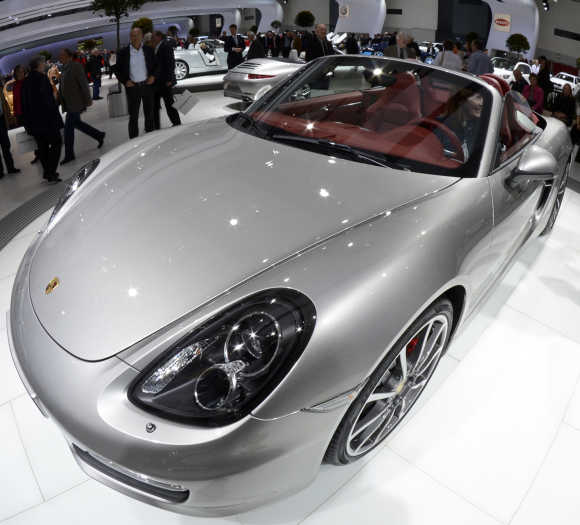 A Porsche Boxster is pictured in a showroom during the annual Volkswagen shareholders meeting in Hamburg.