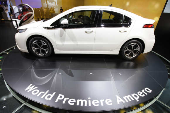 Opel Ampera hybrid car is displayed in Geneva.