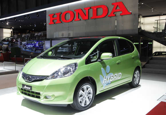 Honda Jazz hybrid car is displayed in Geneva.