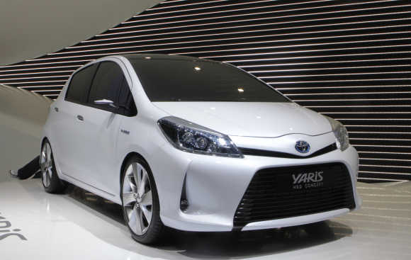 Toyota Yaris HSD Concept hybrid car is displayed in Geneva.