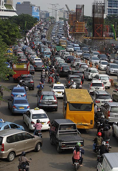Vehicles are seen in a traffic jam in Jakarta.