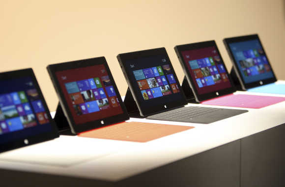 Surface tablet computers are displayed in Los Angeles, California.