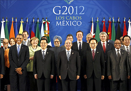 Leaders of the G20 nations gather for a group photo at the G20 summit in Los Cabos, Mexico.