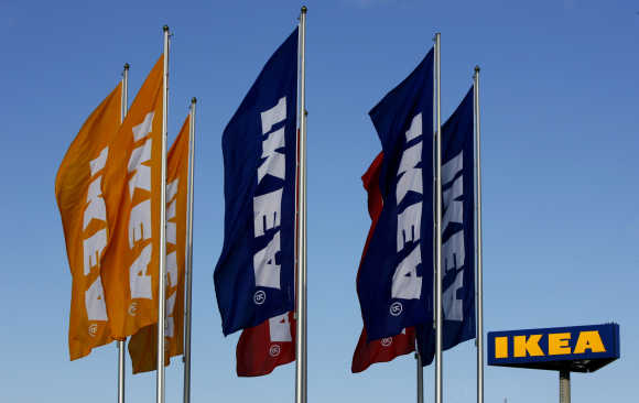 Flags flutter outside Ikea's store in Malmo, Sweden.