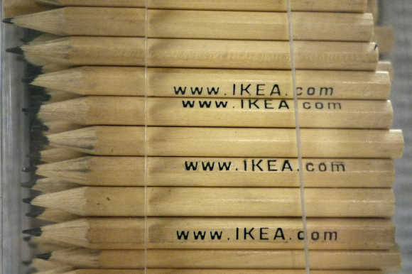Pencils used by shoppers to list their items are seen in a rack at Ikea's retail outlet in Croydon, south London.