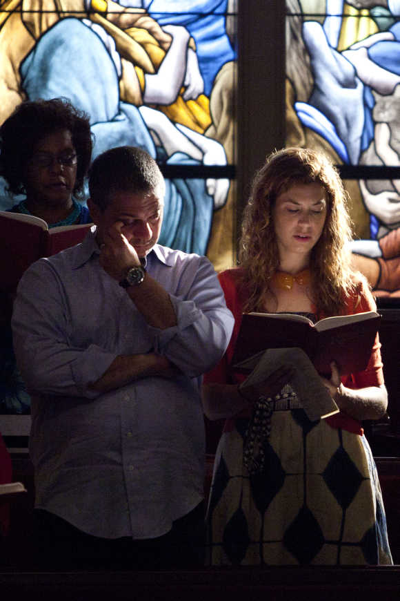 Congregants sing a hymn during a church service at Marble Collegiate Church New York.