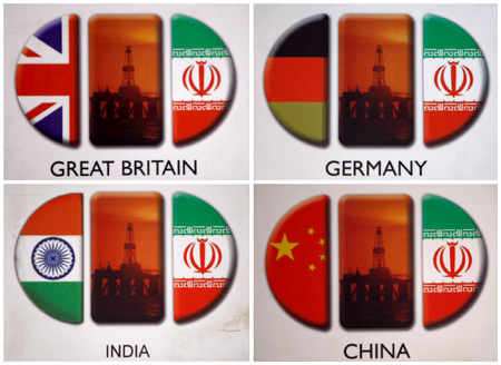 A combination photos shows images of signs on the booths of foreign participants at the 16th International Oil, Gas & Petrochemical Exhibition (IOGPE) in Tehran.