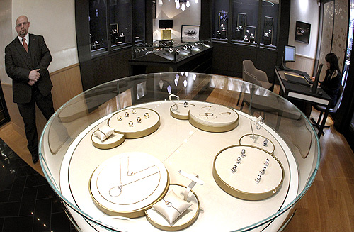 A general view shows jewellery and watches displayed in glass cabinets at a newly opened shop of Swiss luxury brand Piaget at the Bahnhofstrasse in Zurich.