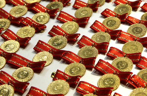 Gold sovereigns, portraying modern Turkey's founder Ataturk, are seen on sale at a jewellery shop in Istanbul.