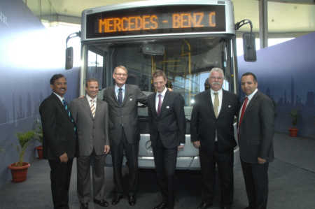 Left to right: Srinivas Chilukuri, Head of Bus sales India; Karim Ghabbour, Founder and Managing Director, MCV; Hartmut Schick, Head of Daimler Buses; Markus Villinger, Head of Daimler Buses, India; Peter Honegg, CEO& MD Mercedes Benz India Ltd; and Maged Rasmy, Managing Director, MCV India.