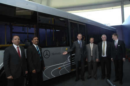 Left to right: Maged Rasmy, Managing Director, MCV India; Srinivas Chilukuri, Head of Bus sales India; Hartmut Schick, Head of Daimler Buses; Karim Ghabbour, Founder and Managing Director, MCV; Peter Honegg, CEO& MD Mercedes Benz India Ltd; and Markus Villinger, Head of Daimler Buses, India.