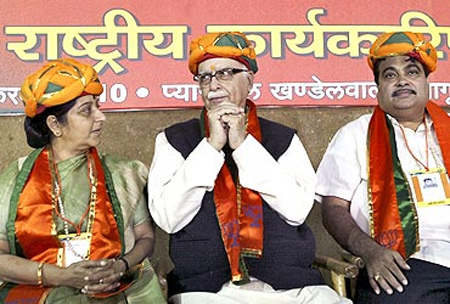 BJP leaders: (From left) Sushma Swaraj, L K Advani and Nitin Gadkari.