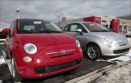 Newly delivered 2012 Fiat 500 vehicles sit on the lot at the Golling Fiat dealership in Bloomfield Hills, Michigan.