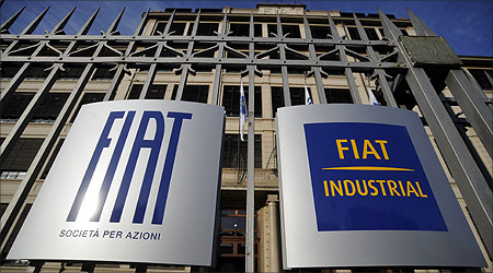 A Fiat's logo's are seen at the main entrance of the Fiat headquarters in Turin.