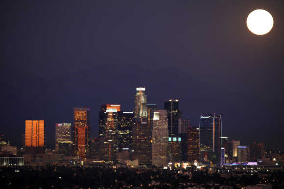 Los Angeles downtown skyline is pictured from the Baldwin Hills State Park, California.