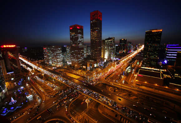 A view of the city skyline from the Zhongfu Building at night in Beijing.