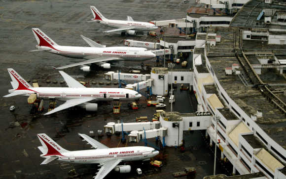 An aerial view of Air India planes parked at Bombay airport.