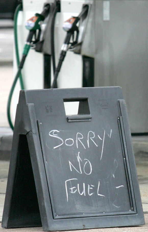 A sign is seen outside a petrol station in Brighton, southern England.