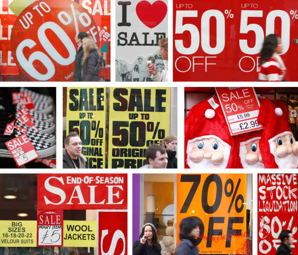 A combination of nine photographs shows a variety of sale signs in Oxford Street, central London.