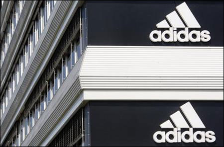 Adidias logos are seen on the company's building in Landersheim near Strasbourg.