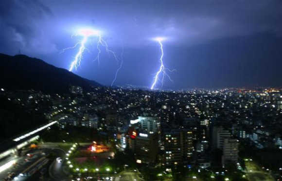 A general view of lightning striking over the city of Kobe in Japan.