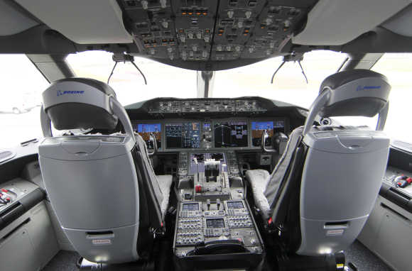 A view of the cockpit interior of the Dreamliner.