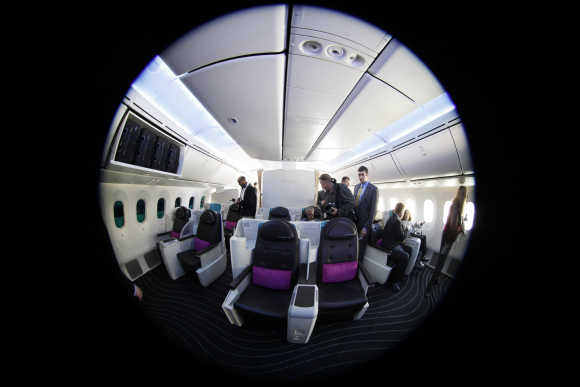 People view the interior of the Dreamliner.