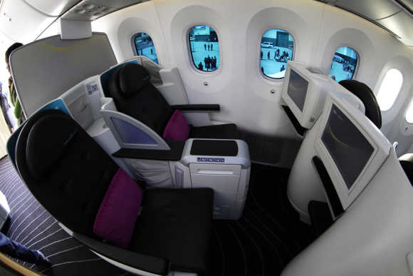 Dimmable windows are seen inside the Dreamliner.