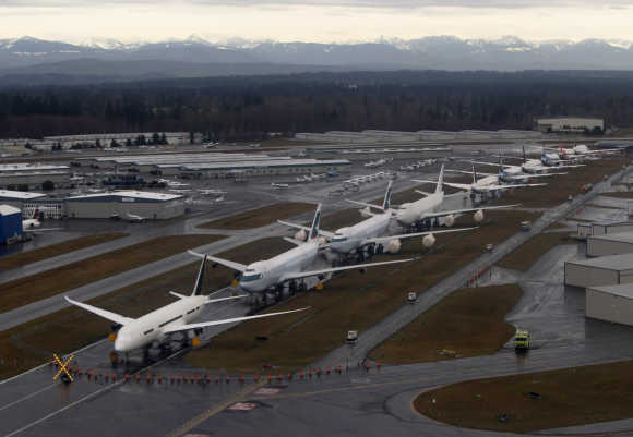 A line-up of Boeing 747s and 787 Dreamliners.