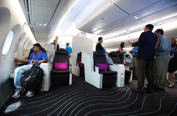 The business-class cabin inside the Dreamliner.