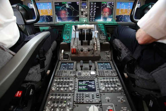 Cockpit controls are seen as test pilots navigate during a demonstration flight of the Boeing 787 Dreamliner.