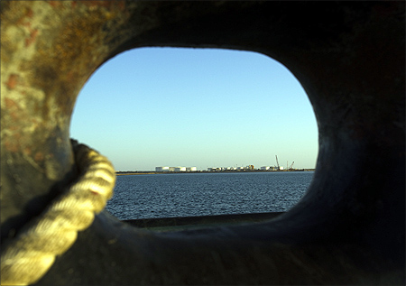 A general view of an oil dock is seen from a ship at the port of Kalantari in the city of Chabahar.