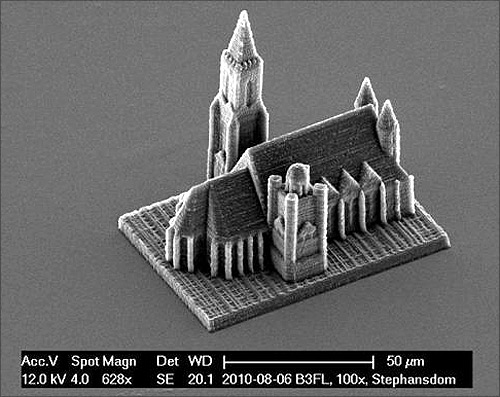 A handout electron microscope photograph shows a nano-scale model of Vienna's St. Stephans cathedral created by a newly developed 3D printing technique for nano structures, made available to Reuters.