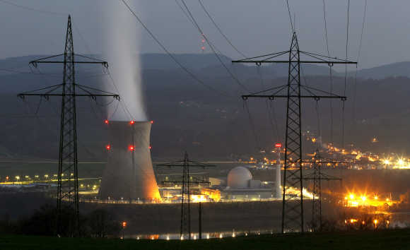 Smoke emerges from a cooling tower at the nuclear power plant in the Swiss town of Leibstadt.