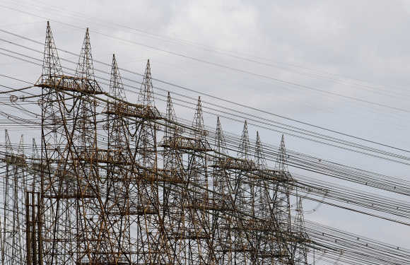 A view of power lines at the Guri dam at the Simon Bolivar Hydroelectric Power Station, in Bolivar, Venezuela.