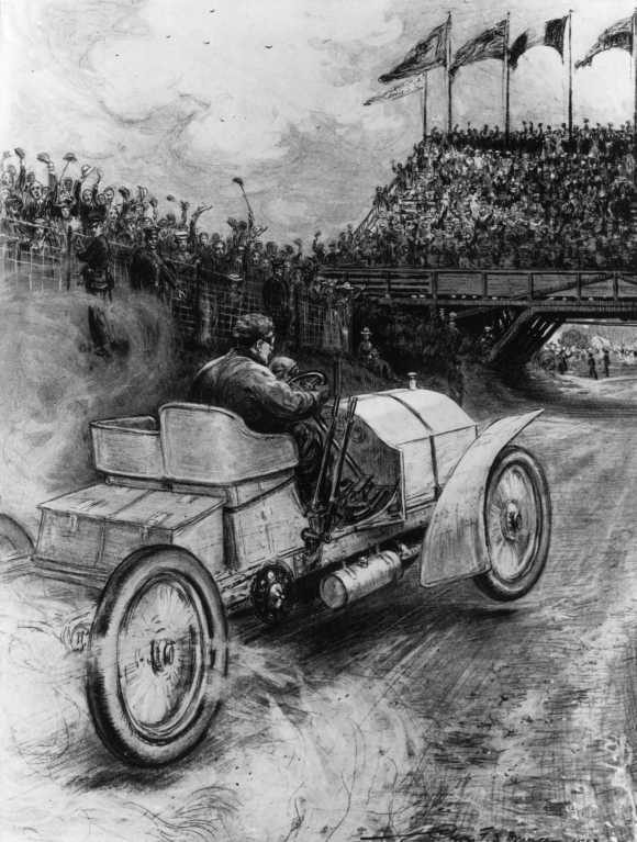 M Jenatzy driving a Mercedes finishes under the grandstand at Ballyshannon, Donegal, Ireland, on July 4, 1903.