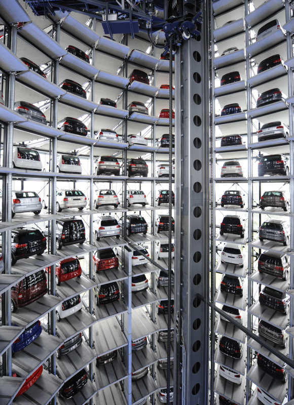 Volkswagen cars are pictured in a delivery tower at the company's headquarters in Wolfsburg, Germany.