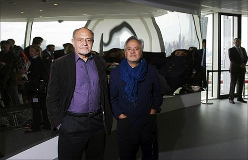 Designers of the ArcelorMittal Orbit, Cecil Balmond (L) and Anish Kapoor.