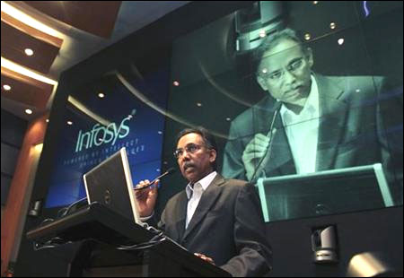 S D Shibulal, chief executive officer of Infosys, speaks during the announcement of the company's quarterly financial results at their headquarters in Bangalore April 13, 2012.
