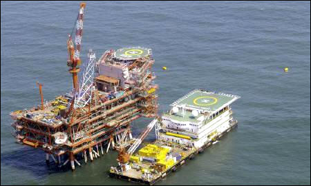 Reliance Industries' KG-D6 control and raiser platform is seen off the Bay of Bengal.