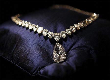 A necklace featuring the Evening Star, a 39 carat, D colour Golconda diamond, estimated to sell for between $3.6 and $5.5 million