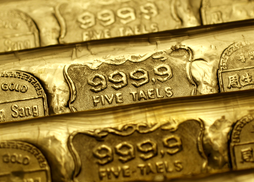 Five-tael (6.65 ounces or 190 grams) gold bars are seen at a jewellery store in Hong Kong.