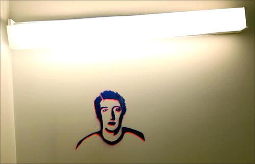 A sketch of Mark Zuckerberg is seen on a wall at the new headquarters of Facebook in Menlo Park.