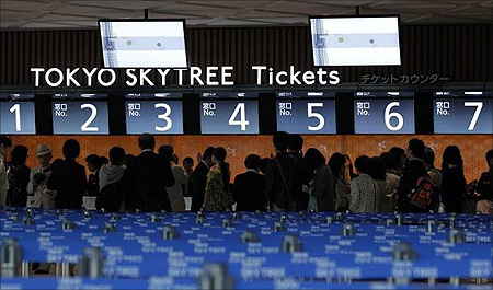 Visitors form a line at the ticket counters of the Tokyo Sky Tree