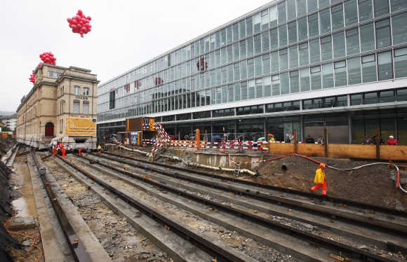 A 123-year-old brick building that was moved from its original location is seen at its final location in Zurich.